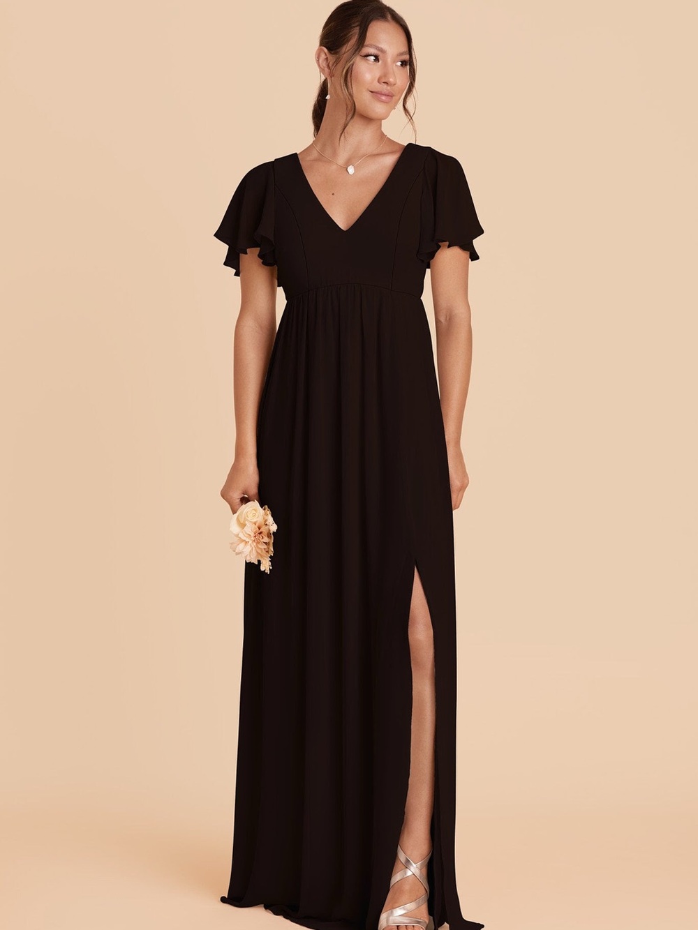 Birdy Grey Black V-Neck Flutter Sleeve Maxi Dress with Side Slit